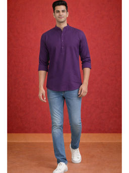 TATTVA - Men Premium Cotton Printed Purple Straight Short Kurta
