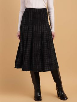 Sands of India - Black Pleated A-Line Calf-Length Check Skirt