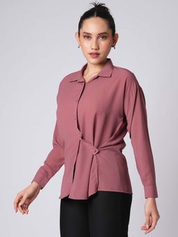 Globus - Women Mauve Collared Neck Solid Satin Shirt Style Top
