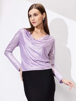 Globus - Women Lavender Cowl Neck Long Sleeves Stretchable Shimmer Party Top
