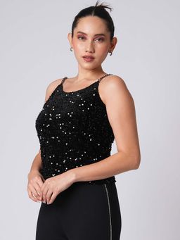 Globus - Women Black Round Neck Chain Shoulder Straps Sequinned Velvet Party Top