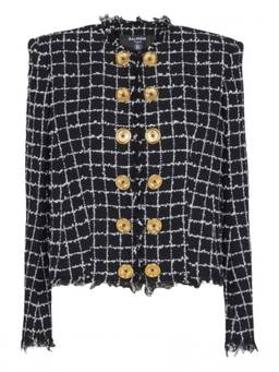 BALMAIN - Black Checks Round Neck Jacket