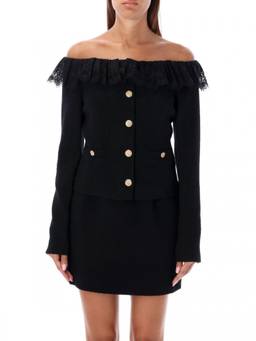Alessandra Rich - Black Off-The-Shoulder Tweed Blazer