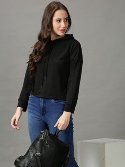 SHOWOFFFF - Womens Long Sleeves Hood Black Solid Top