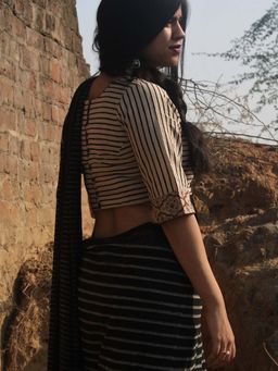 Chidiyaa - Black Block Printed Cotton Mul Saree