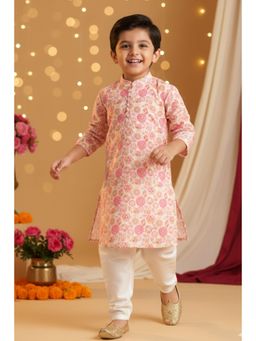 Peekaaboo Kids - Boys Printed Schiffli Kurta With Pyjama Set - Pink