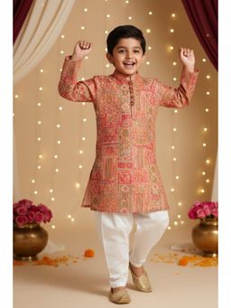 Peekaaboo Kids - Boys Printed Schiffli Kurta With Pyjama Set - Peach