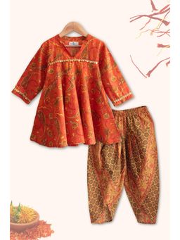 Peekaaboo Kids - Girls Kesari Pure Cotton Ethnic Clothing Set - Orange