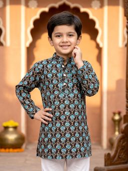 KiddoPanti - Boys Cotton Woven Full Sleeves Mandarin Floral Kurta
