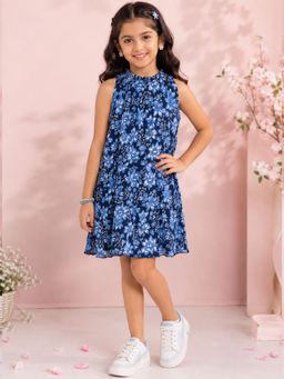 KiddoPanti - Girls Floral Printed Sleeveless Round Neck Dress