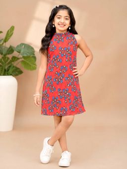KiddoPanti - Girls Floral Printed Sleeveless Round Neck Dress