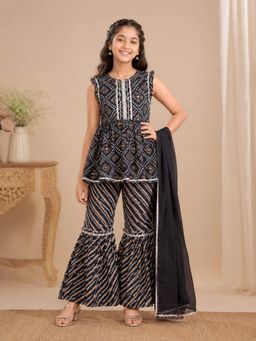 KiddoPanti - Girls Cotton Woven Printed Kurti And Sharara With Dupatta