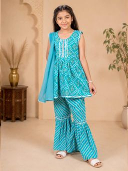 KiddoPanti - Girls Cotton Woven Printed Kurti And Sharara With Dupatta