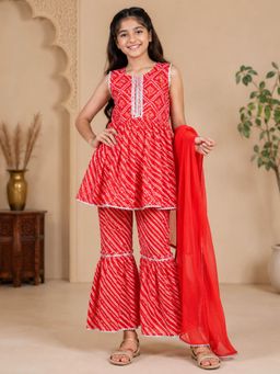KiddoPanti - Girls Cotton Woven Printed Kurti And Sharara With Dupatta