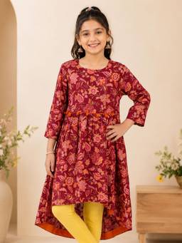 KiddoPanti - Girls Rayon Woven Asymmetric Hem With Motif Floral Design Kurta