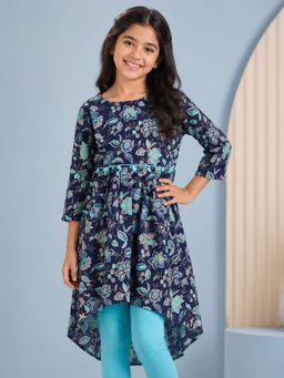 KiddoPanti - Girls Rayon Woven Asymmetric Hem With Motif Floral Design Kurta
