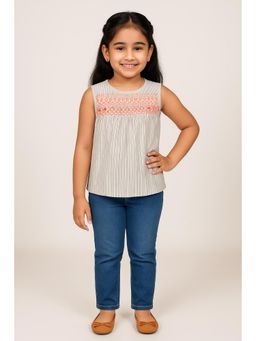 Miyo - Girls Striped Embroidered Sleeveless Top