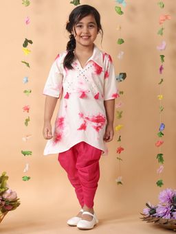 Kinder Kids - Girls Dyed Regular Mirror Work Pure Cotton Kurti With Dhoti Pants