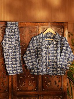 The Natkhat Tales - Blue Kids Cotton Shirt And Pyjamas Night Set