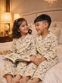 The Natkhat Tales - Beige Kids Cotton Shirt And Pyjamas Night Set