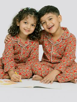 The Natkhat Tales - Red Kids Cotton Shirt And Pyjamas Night Set