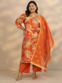 Extra love by Libas - Orange Floral Printed Kurta and Trouser and Dupatta