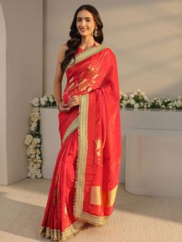 Libas Art - Orange Bandhani Woven Design Saree with Unstitched Blouse
