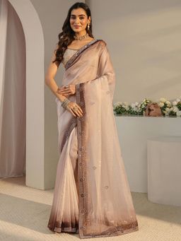 Libas Art - Taupe Paisley Beads Embellished Saree with Unstitched Blouse