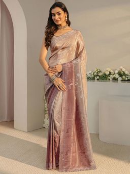 Libas Art - Beige Floral Woven Design Saree with Embellished Border with Unstitched Blouse