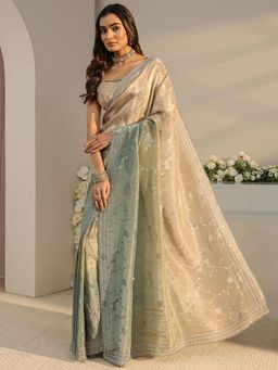 Libas Art - Green Floral Woven Design Saree with Embellished Border with Unstitched Blouse