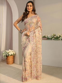 Libas Art - Cream Floral Beads Embroidered Saree with Unstitched Blouse