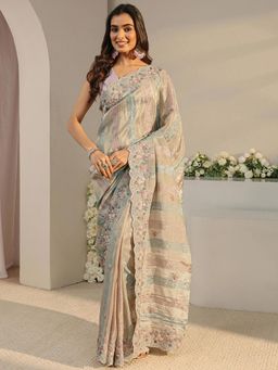 Libas Art - Multi Floral Sequins Embroidered Saree with Unstitched Blouse