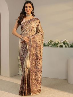 Libas Art - Beige Floral Embroidered Saree with Unstitched Blouse