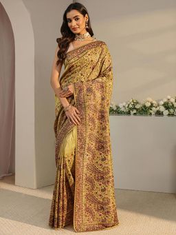 Libas Art - Green Floral Embroidered Saree with Unstitched Blouse