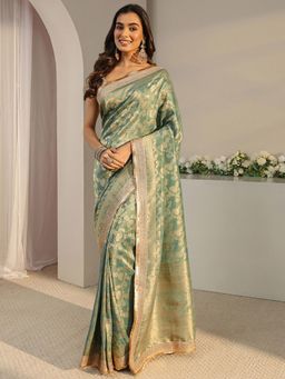 Libas Art - Green Floral Woven Design Saree with Unstitched Blouse