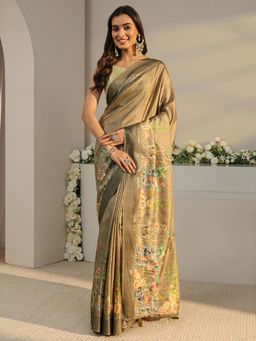 Libas - Olive Printed Saree with Unstitched Blouse