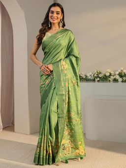 Libas - Green Printed Saree with Unstitched Blouse