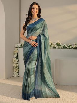 Libas - Green Striped Saree with Beads Embellished Border with Unstitched Blouse