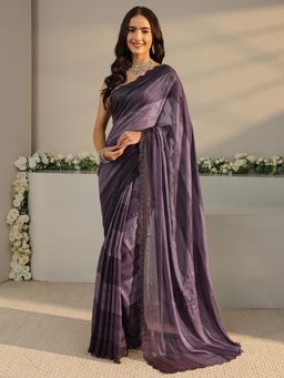 Libas - Purple Striped Saree with Beads Embellished Border with Unstitched Blouse