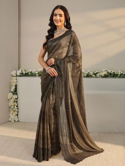 Libas - Brown Striped Saree with Beads Embellished Border with Unstitched Blouse