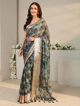 Libas - Blue Bandhani Printed Saree with Unstitched Blouse