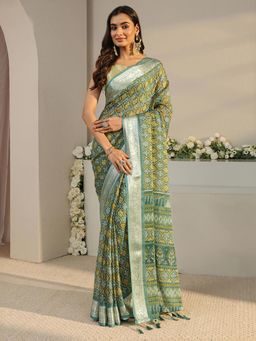 Libas - Green Ethnic Motif Printed Saree with Unstitched Blouse