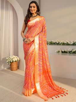 Libas - Orange Leheriya Printed Saree with Unstitched Blouse
