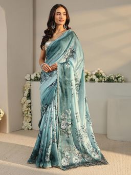 Libas - Blue Floral Printed Saree with Unstitched Blouse
