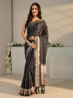 Libas - Black Bandhani Printed Saree with Unstitched Blouse
