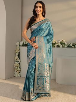 Libas - Teal Ethnic Motif Woven Design Saree with Unstitched Blouse