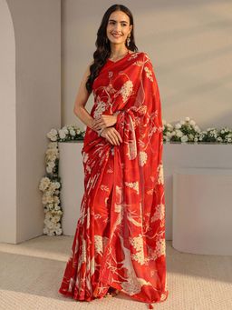 Libas - Red Floral Printed Saree with Unstitched Blouse