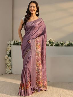 Libas - Purple Solid Saree with Printed Border with Unstitched Blouse