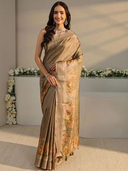 Libas - Brown Solid Saree with Printed Border with Unstitched Blouse