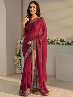Libas - Maroon Solid Saree with Unstitched Blouse
